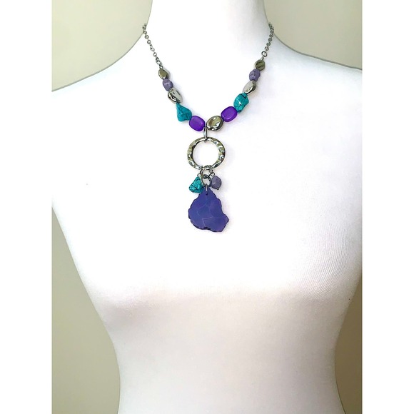 Chico's Silver Tone Turquoise Purple Amythest Color Cut Stone Necklace EUC - Picture 6 of 7
